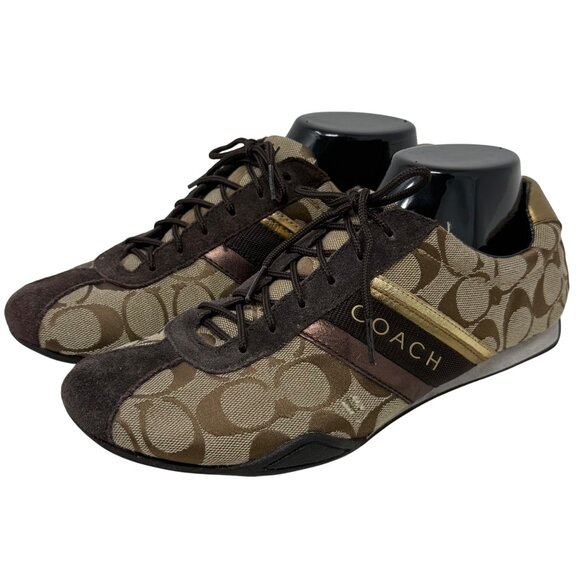 Coach Jayme Womens Monogram Sneakers Size 9M Brown Signature Canvas Suede - READ - Picture 1 of 12